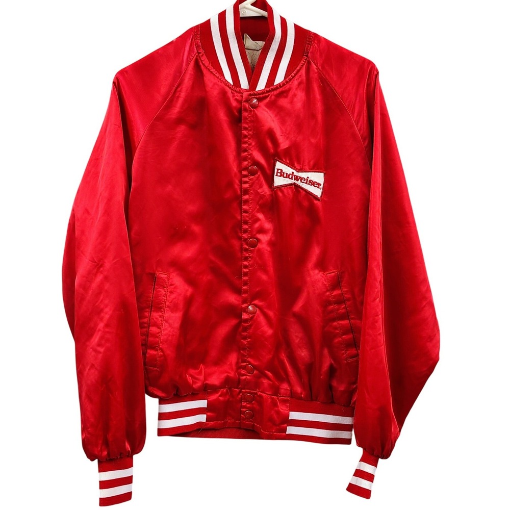 2 Vintage Budweiser Red Satin Varsity Bomber Jacket Snap Front Mens L